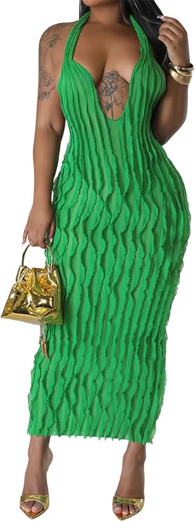 Qikaka Women's Sleeveless Deep V Neck Lace Up Bandage Water Ripple Ruffles Bodycon Sexy Nightclub Party Dress