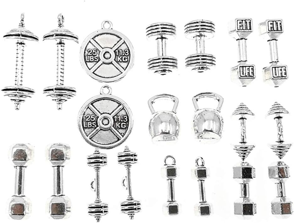 ALIMITOPIA Strength Exercises Gym Sports Charms,Barbell Dumbbell kettle-bell Weight Plate Weightlifting Bodybuilding Fitness Charms Pendents for Bracelet Necklace Jewelry Making20pcs