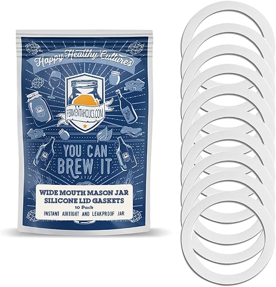 Fermentaholics Wide Mouth Mason Jar Silicon Lid Gaskets | 10 pack | Creates Airtight, Leakproof Jars When Paired With Plastic & Metal Mason Jar Lids | Food Grade - Reusable