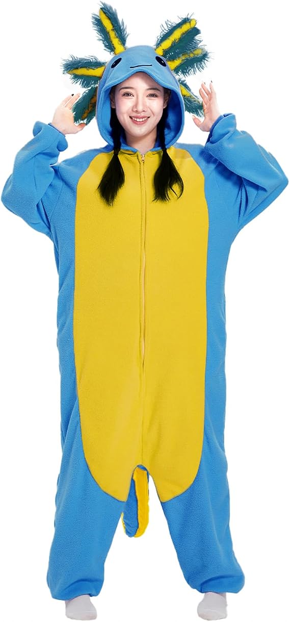 Adult Onesie Axolotl Costume Pajamas Unisex Cosplay Animal Sleepwear Halloween Jumpsuit Gifts for Men Women