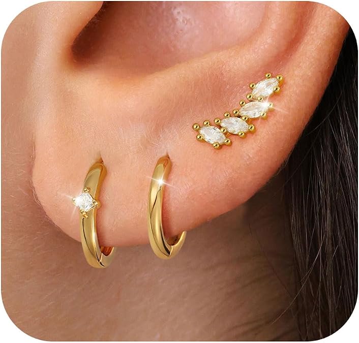 KAERUN 3 Pairs Gold Hoop Earrings for Women Trendy 14k Gold Plated Huggie Earrings 925 Sterling Silver Post Hypoallergenic Cartilage Hoop Earring Set for Multiple Piercing Gold Jewelry for Women Gifts