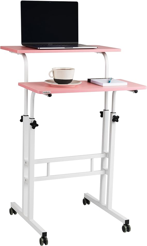 Mind Reader Standing Desk, Adjustable Height Laptop Workstation, Portable Rolling Desk on Wheels, Two-Tier Metal Frame, Pink