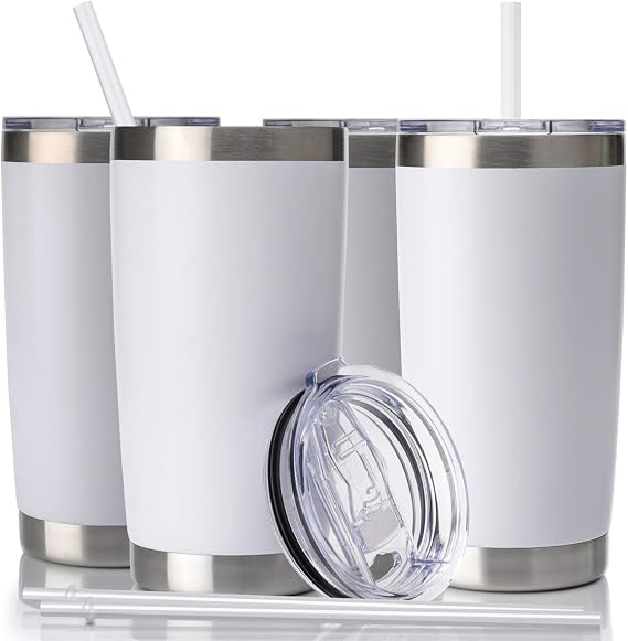 CIVAGO 20oz Tumbler with Lid and Straw, Stainless Steel Vacuum Insulated Coffee Tumbler Cup, Double Wall Powder Coated Travel Mug (White, 4 Pack)