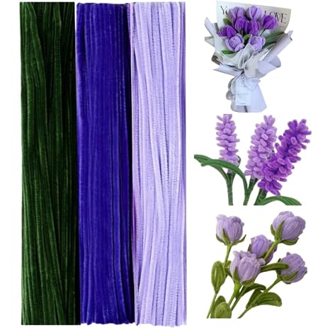 300 PCS Thick Pipe Cleaners Craft Supplies Purple,Green Color Lavender Flower Chenille Stems for Art and Craft Projects Creative DIY Decorations (Purple tulips color)