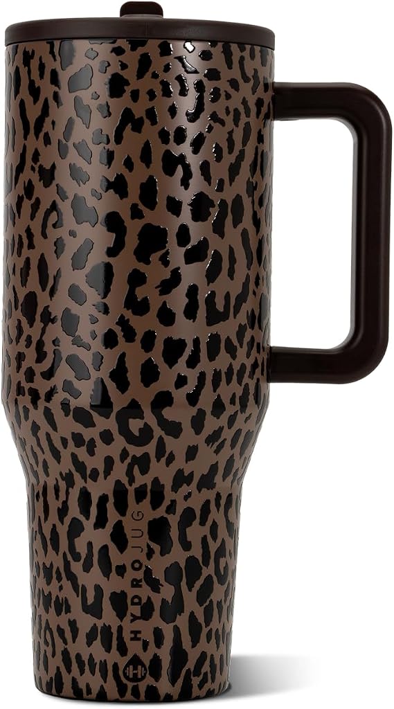 HydroJug Traveler 32oz, Insulated Tumbler with Handle & Straw, Brown Leopard