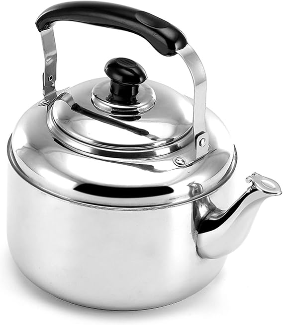 Retro Whistling Tea Kettle - 304 Stainless Steel Teapot for Induction, Gas, Electric & Halogen Stoves - Ergonomic Handle & Automatic Trigger Spout - 3.2 to 5.3 Quart Capacity(5L)