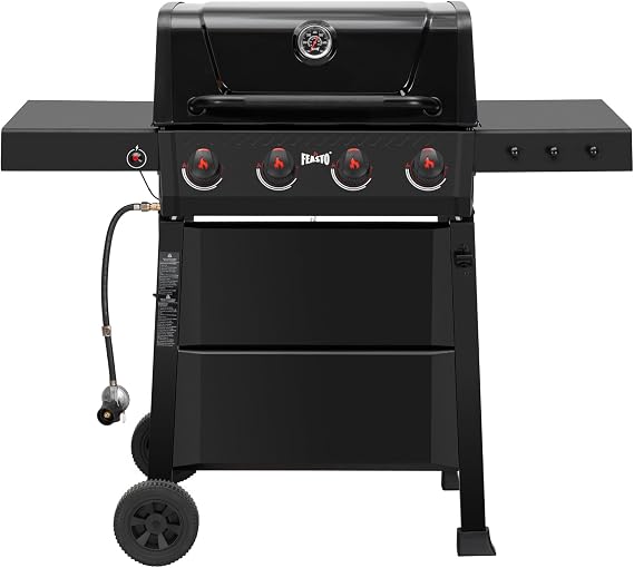 Feasto 4-Burner Propane Gas Grill with Porcelain-Enameled Chamber & Grates, 36,000 BTU Outdoor BBQ Grill with Dual Side Tables for Tailgating, Patio BBQ & Deck Parties, 559 Sq. In., Black