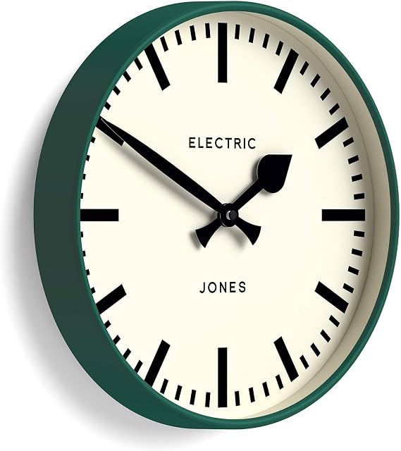 JONES CLOCKS Tiger wall Clock | Modern Round Station Clock | 12" | Dark Green | Cool Designer Look for Kitchen, Living Room or Office