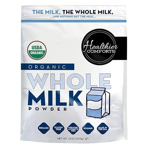 Healthier Comforts Organic Whole Milk Powder | Certified USDA Organic | Kosher, Gluten Free, Non-GMO Dry Powder Whole Milk | Dried Milk wResealable Packaging, Shelf Stable Milk 21oz