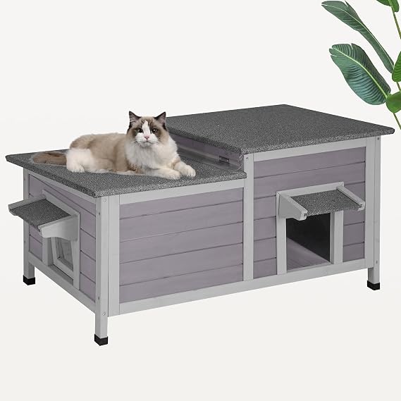 Cat House Two-Rooms Feral Cats Shelter Wooden Outdoor Indoor Kitty House for Winter with 2 Doors, Weatherproof Roof and PVC Door Curtain