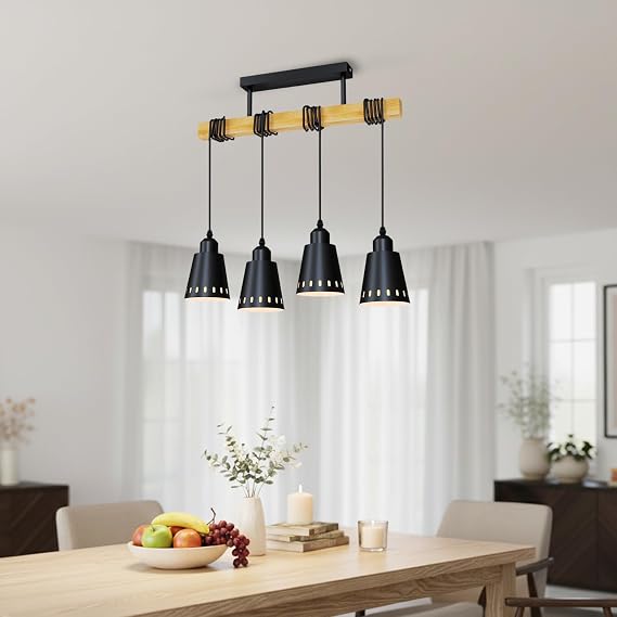 LVWIT Black Hanging Lights,Kitchen Island Lights,Pendant Lighting,Wood Ceiling Light Fitting,4 Way Drop Lights Ceiling,Industrial Ceiling Lights for Lving and Dining Room(E27 Base,NO Bulbs) [Energy Class A]