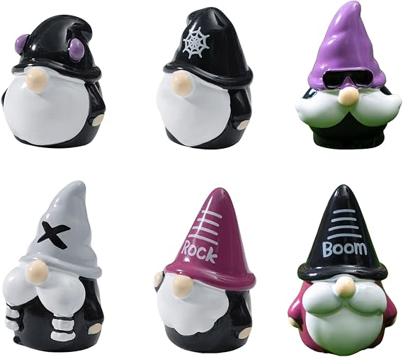 6 PCS Miniature Gnome Figurines Gothic Rock Collection Mini Gnome Figurines Rocker Sunglasses Gothic-Style Dwarf Figurine for Coffee Bar Landscape Office Desk Plant Pots Fairy Garden