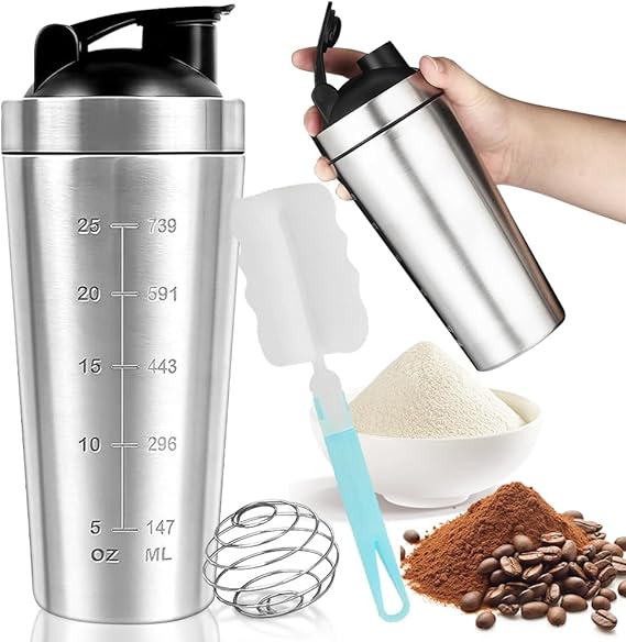 Stainless Steel Shaker Protein Shake with Ball 750 ml Protein Cup Protein Bottle to Go Milkshake Blender Metal Bottle Gym Fitness Sports Shake Shaker Cup Shaker Cup Drinking Bottle Dishwasher Safe
