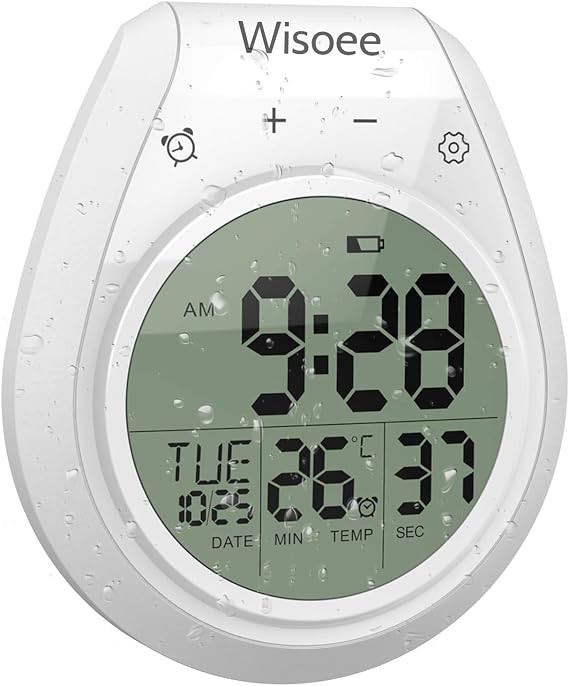 Shower Clock Waterproof Bathroom Timer, Kitchen Wall Clock with Countdown, Temperature, Suction Cup, Battery Operated Digital Clock for Bath, Cook