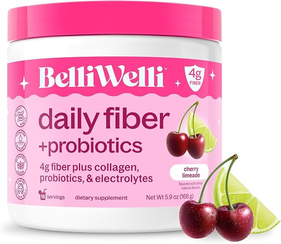 Belli Welli Fiber Supplement Powder with Prebiotics for Digestive Health and GLP-1 Support, Soluble Fiber for Gut Health & Debloat, Keto, Gluten Free, 16 Servings (1 Pack) Cherry Limeade