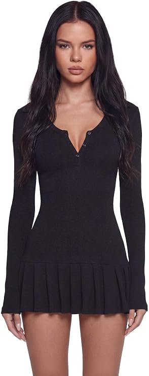 Dolls Kill Class Dismissed Mini Dress by Current Mood Women's Collared Long Sleeve Waffle Knit Dress with Pleated Skirt
