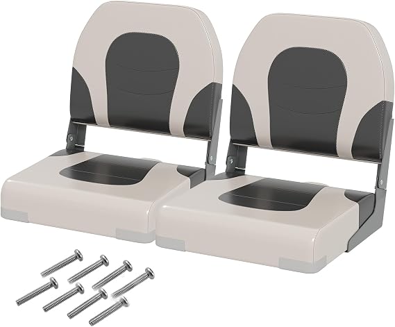 COSTWAY Set of 2 Foldable Boat Chairs, Fold-Down Low Back Captain Boat Seats with Thick Sponge Padding, Ergonomic Seating for Fishing Boat Yachts (Off White+Grey, 42 x 51 x 49cm)