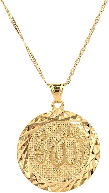 Allah Gold Pendant Necklace Link Chain Middle East Charm Islam Round Pendant