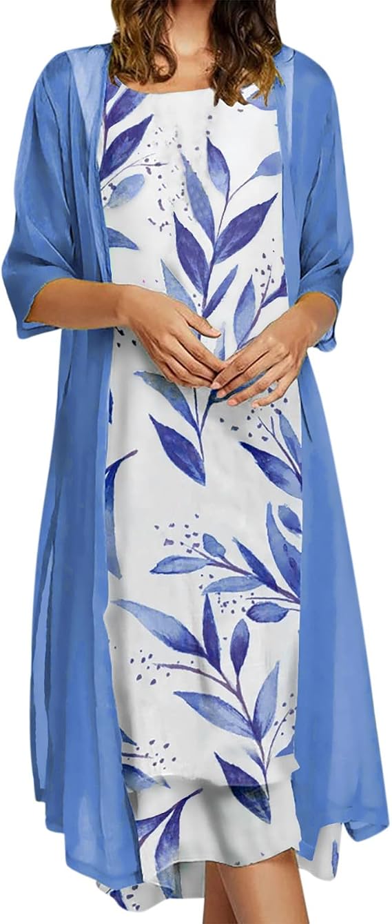 Two-Piece Women's Dress with Chiffon Shawl Cardigan Set - Summer Dress Women's Elegant Sleeveless Maxi Dress Flowers Print Long Vintage Dresses Festive Elegant Loose Casual Dress Party Dress