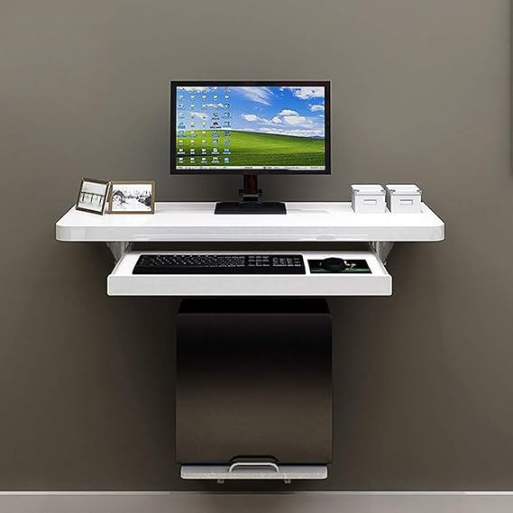 Floating Wall Mount Computer Desk,Wall Mounted Drop-Leaf Table,Floating Laptop Desk, Multifunctional Computer Workstation with Keyboard Tray & Mainframe Bracket for Home Office(39.3", White)