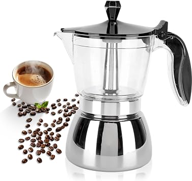 6 Cups Stainless Steel Coffee Pot, Brew Classic Italian with Our Moka Pot Premium Crystal Glass Top Octagonal Design for Stovetop Brewing