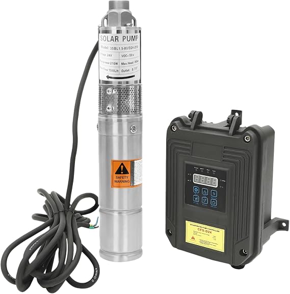 Submersible Deep Well Pump, DC 24V 210W Solar Well Pump, Max Flow 6.6GPM Flow 262ft Head, Dual Power Supply with MPPT controller, for Agricultural Irrigation, Garden, Livestock, Tank or Home Use