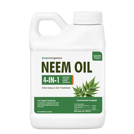 Pure Cold Pressed 4 in 1 Neem Oil Concentrate 1 Gallon Horticultural Oil Spray for Plants Fungicide for Indoor/Outdoor Controls Spider Mites Fungus Gnats (16Oz)