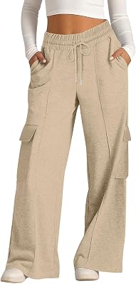 Cargo Sweatpants for Women Drawstring High Waist Wide Leg Pants Gym Workout Jogging Pants Baggy Y2K Trousers with Pockets