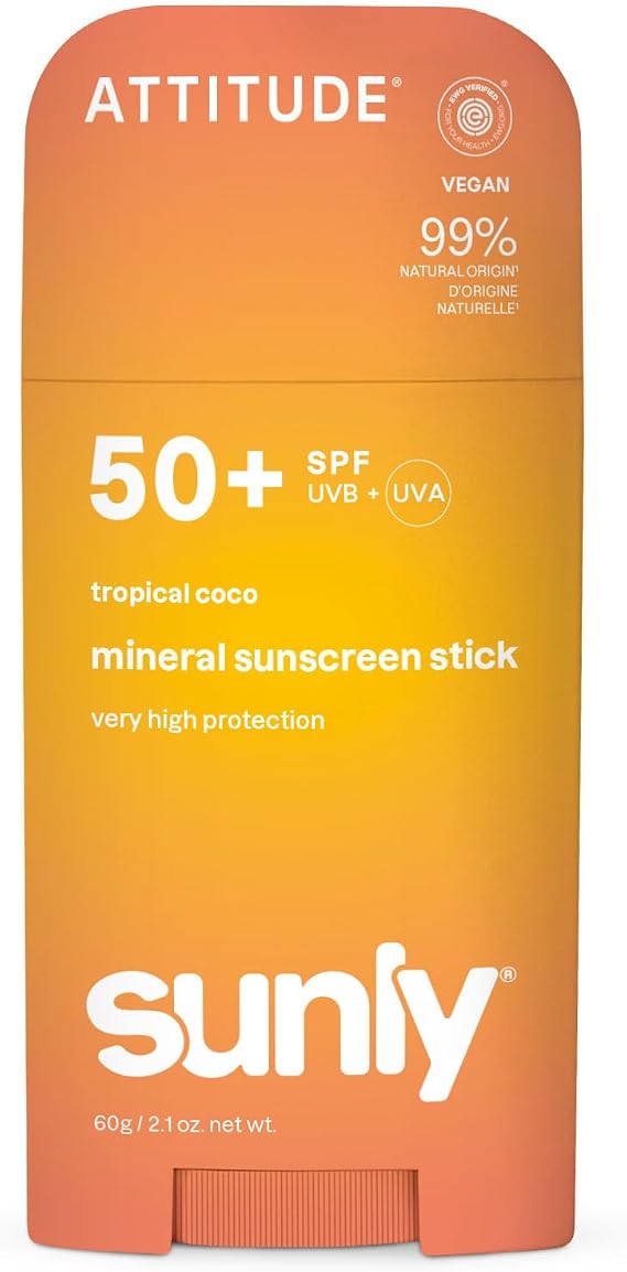 ATTITUDE Mineral Sunscreen Stick SPF 50, Broad Spectrum Zinc Oxide, EWG Verified, Non-Nano, Mess-Free Stick for Face & Body, Lightweight Non-Greasy, Vegan, Tropical Coco Scent, 60 grams