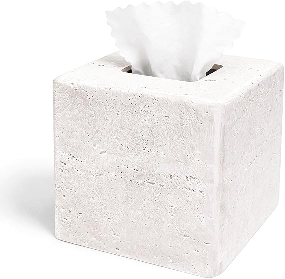 GUSFREUD Stone-Look Tissue Box Cover, 5.5-Inch Square White Resin Holder