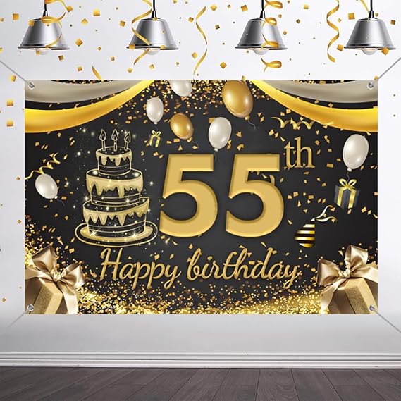 55th Birthday Decoration Background Door Decoration Banner Fabric Sign 55th Birthday Party Welcome Sign Poster Decoration Banner, Gold, Black, 59"x35.4"