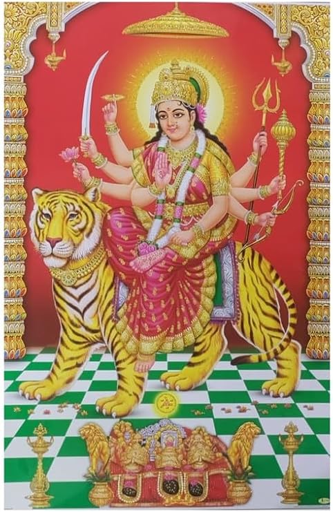 BM TRADERS Shrerawali Maa Durga Golden Zari Art Work Poster Without Frame (24 X 36 Inches)