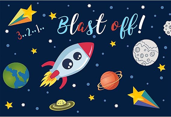 5x3ft Blast Off Theme Birthday Party Backdrop Countdown Cartoon Earth Moon Space Rocket Abstract Outer Space Photography Background Boy's Birthday Party Baby Shower Galaxy Theme Wallpaper