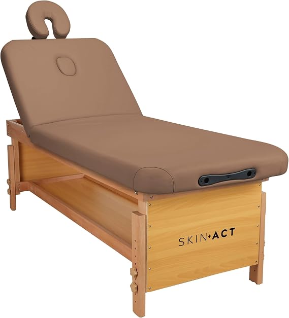 SKINACT Elegance Spa Massage & Facial Table, Stationary Treatment Bed with Adjustable Backrest, Adjustable Height, Removable Face Cradle, Storage Shelf, 400 lb Capacity, 3-Inch Cushion, Sand