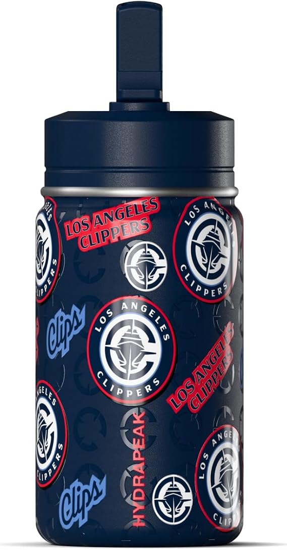 Hydrapeak NBA Officially Licensed Los Angeles Clippers Mini 14oz Kids Stainless Steel Water Bottle with Straw Lid & Flexible Handle, Double Wall Insulated, Spill Proof, Perfect for Back to School