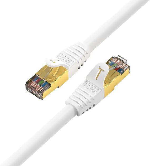 Tera Grand - Premium CAT7 Double Shielded 10 Gigabit 600MHz Ethernet Patch Cable for Modem Router LAN Network, Gold Plated Shielded RJ45 Connectors, 50 ft White