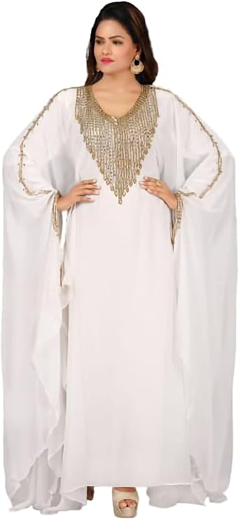 Kaftan Abaya Dress Women's Long White Kaftan Dubai Gown Maxi Muslim Lightweight Moroccan Dress By AFREEN CREATION (X-Small)