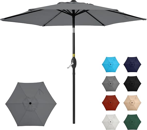 SUNVIVI OUTDOOR 7.5' Outdoor Patio Umbrella, Patio Umbrella, Market Umbrella, Aluminum Pole Umbrella with Push Button Tilt and Crank, 6 Ribs, Polyester Canopy, Grey