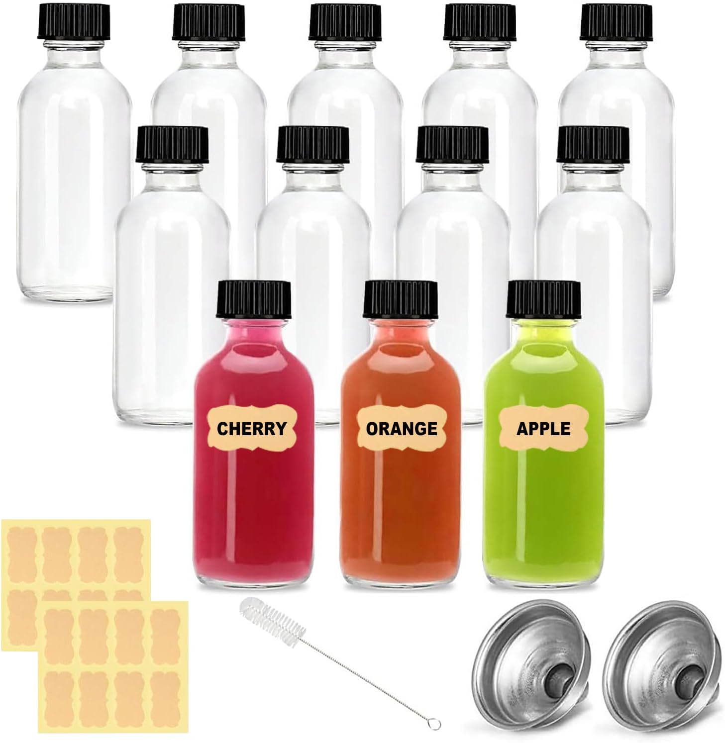 12-Pack 2oz/60ml Glass Shot Bottles with Lids,Small Ginger Bottle with Funnels Labels,Small Glass Bottles with Lids for Ginger Shots Juice Alcohol Oil Sauces