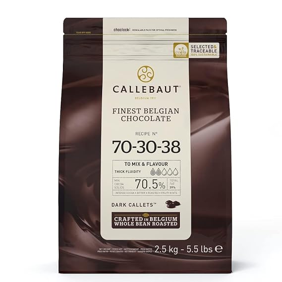 Callebaut Recipe No. 70-30 Finest Belgian Dark Chocolate Callets 2.5kg Bag | 70.5% min dry cocoa solids; 38.9% fat; intense cocoa - bitter - roasted - fruity hints