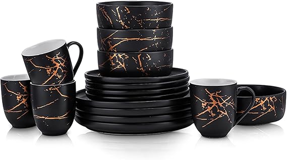 Stone Lain Porcelain 16-Piece Dinnerware Set Black with Gold Splash, Service for 4 Elegant Dinner Plates, Salad Plates, Bowls & Mugs Modern Round Tableware, Dishwasher Safe