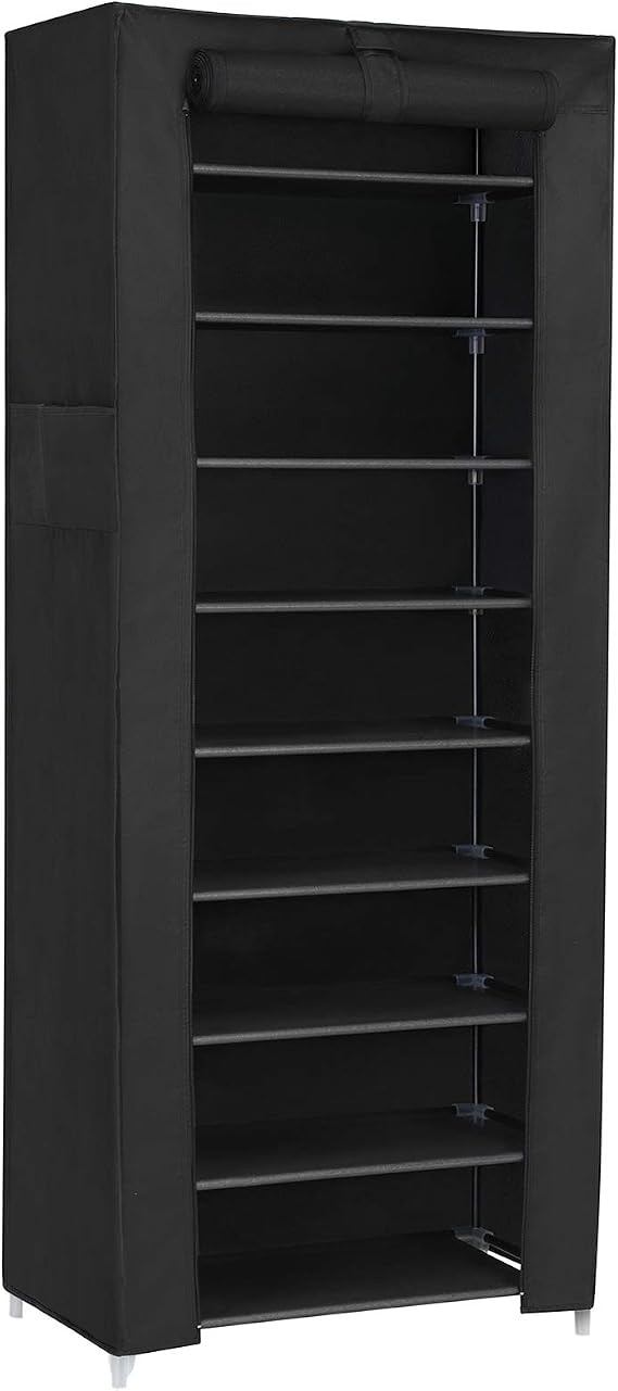 SONGMICS Toz Geçirmez Örtülü 10 Katlı Metal Ayakkabı Rafı, Siyah, RXJ10H