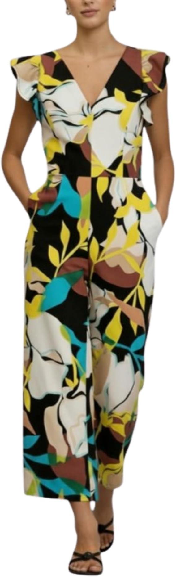 RACHEL Rachel Roy Women's Kate Sleeveless Ruffle V-neck Elegant Wide Leg Formal Jumpsuit With Side Pockets