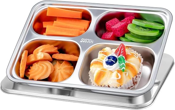 Stainless Steel Snack Containers with Lid Plastic-Free 4-Compartment Metal Lunch, Bento Snack Boxes for Home, School, and Travel