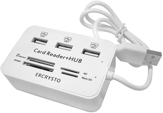 Card Reader and 3 Ports USB Hub, High Speed External Memory Card Reader (MS, Micro SD,SD/MMC,M2,TF Card), White.