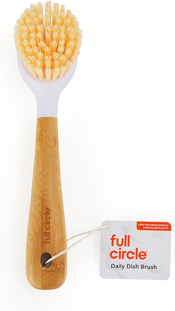 Full Circle Daily Dish Brush-Bamboo Handle Dish BrushSustainable Kitchen Cleaning with Tough Bristles-Natural Dish Scrubber,Nonstick & Cast Iron Cleaner-Long Handle Brush for Dishes,Pots,and Pans