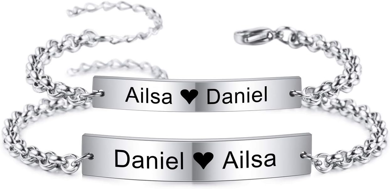 MeMeDIY Personalized Bracelet Names Customized For Couples Men Women Adjustable Ankle Link Engraving Wedding for Boyfriend Girlfriend Stainless Steel Lovers Jewelry
