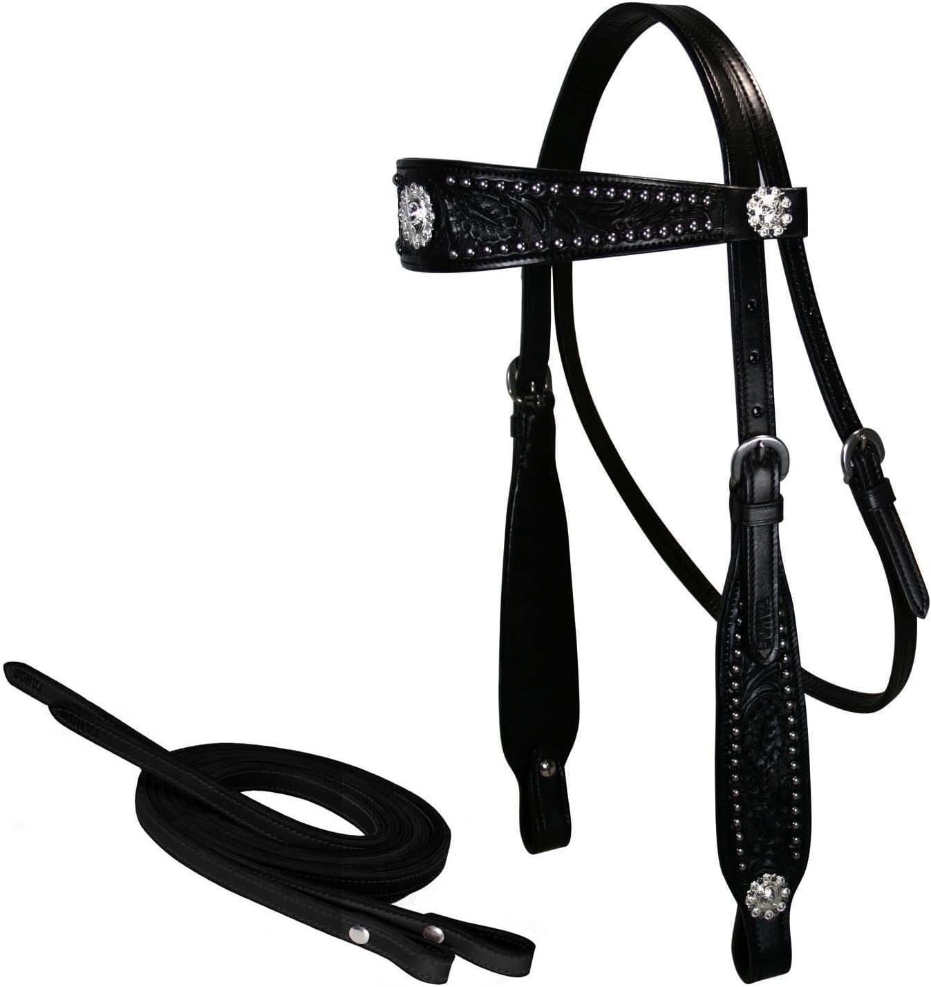 Midnight Black Browband Headstall with Split Reins Full Horse Size