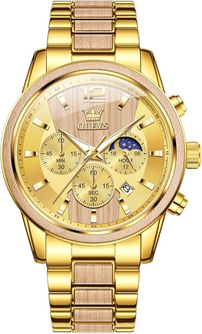 OLEVS Men Watch Blue Gold Analog Quartz Stainless Steel Waterproof Luminous Date Luxury Casual Watch