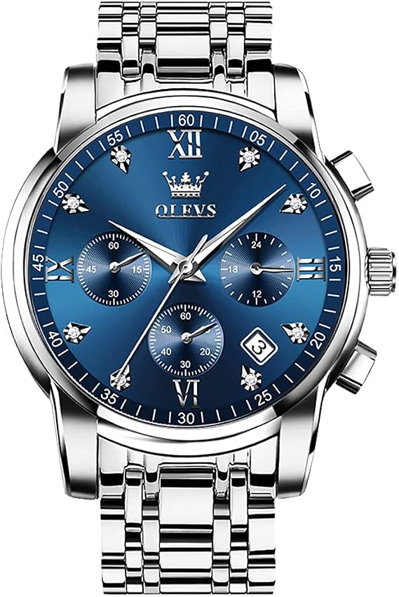 OLEVS Men's Stainless Steel Chronograph Watch, Big Face Gold Silver Black Tone Easy to Read Analog Quartz Watch, Luxury Waterproof Date Diamond Roman Arabic Numerals Dial Dress Watch for Men